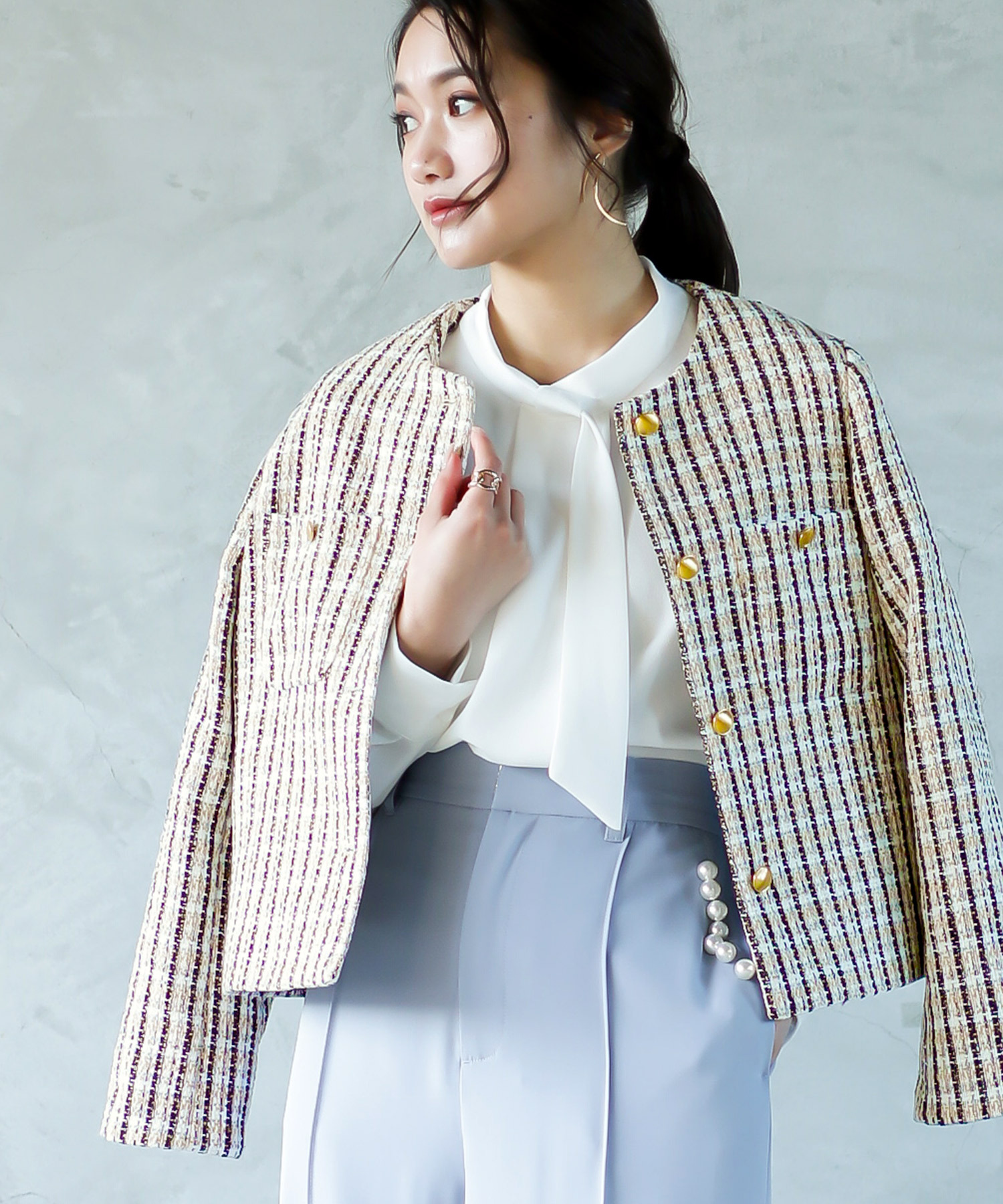 DEUXIEME CLASSE ジャケット ノーカラー 立体 ツイード 金ボタン