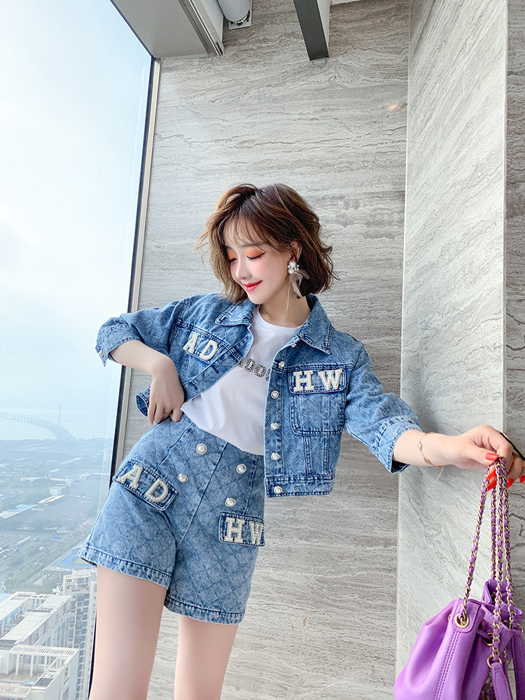 キルティング調デニムジャケット+ショートパンツセットアップDR1077