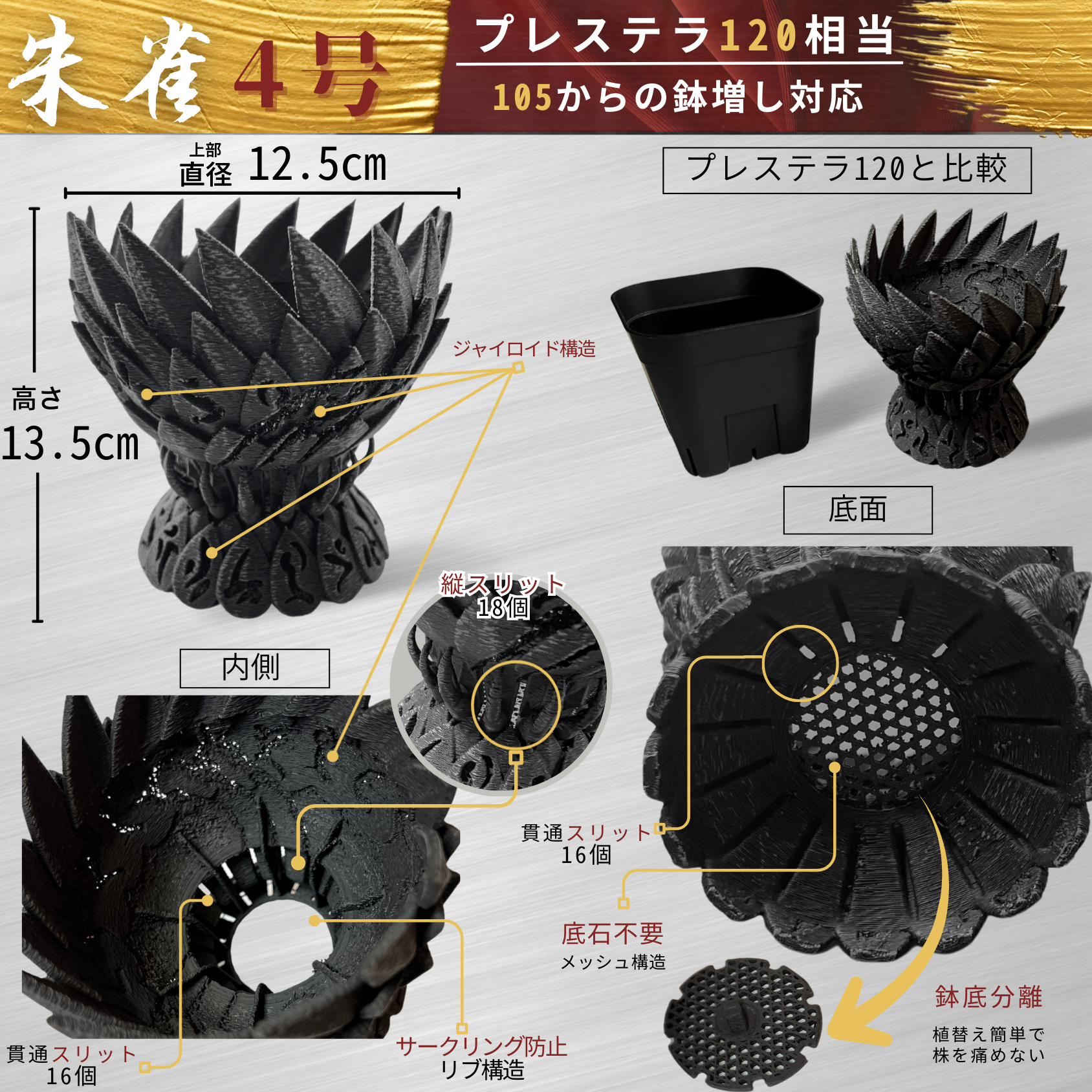 作家鉢】朱雀 / 3Dプリント鉢 アガベ 塊根植物専用 [3.5-4.5号