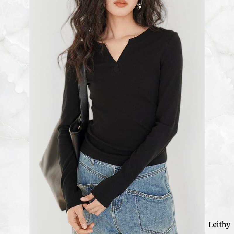 Slit neck long sleeve ribbed top ◇2color　TH2661 