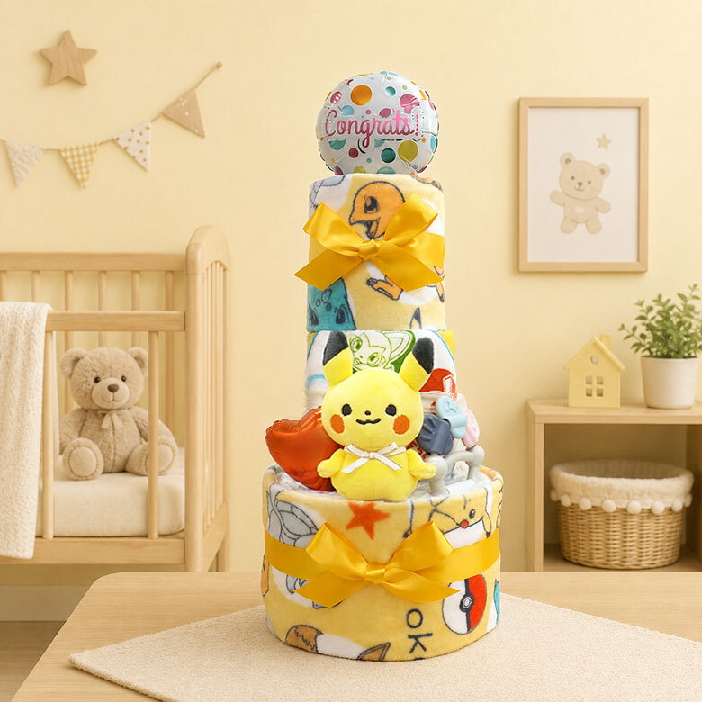 アイテム5点つき ピカチュウの3段おむつケーキ