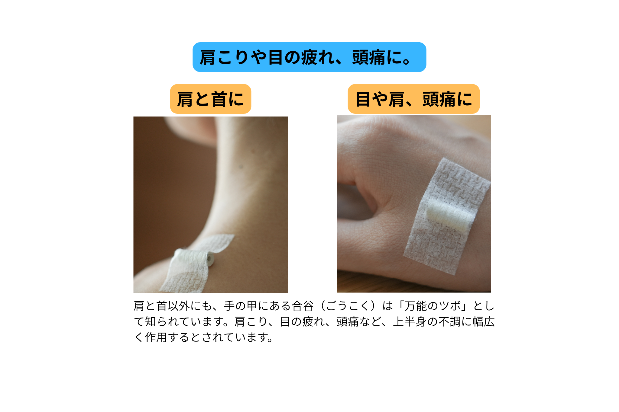 市販のテープで貼っていただければ、お灸に似た効果が体感できます。目の周りには当てるだけです。