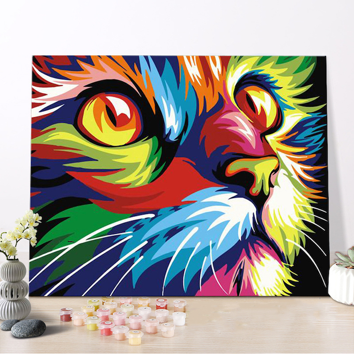 カラフル猫30x40cm』アクリル絵の具で作る。数字で塗り絵 油絵風
