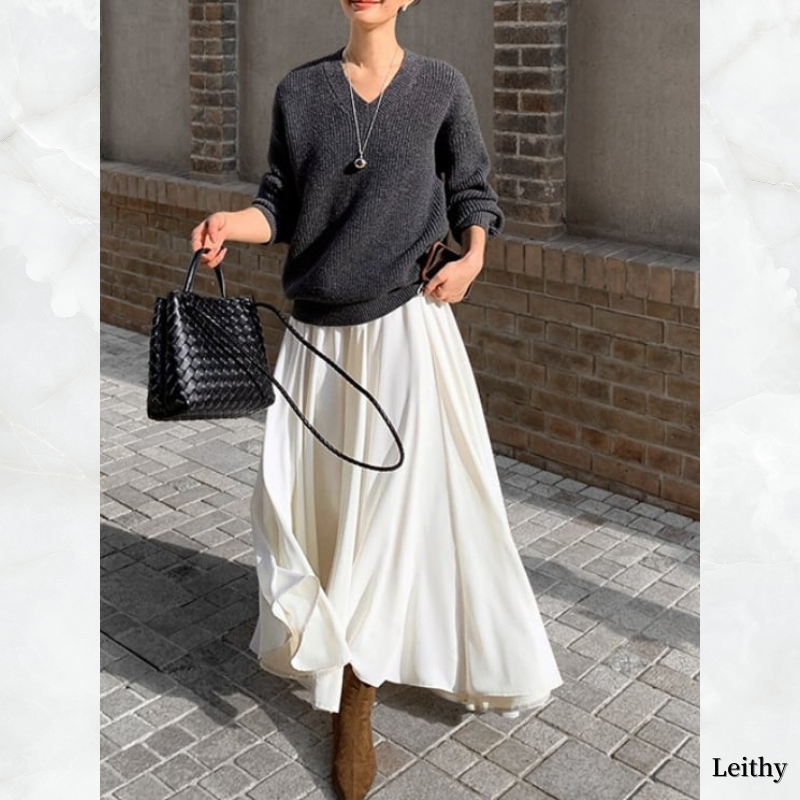 High waist white flared long skirt　TH3129