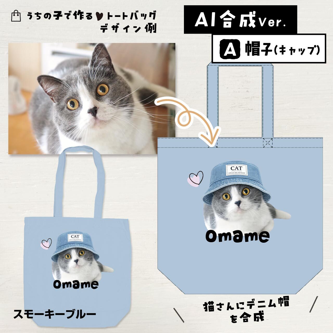 猫さんにデニム帽を合成