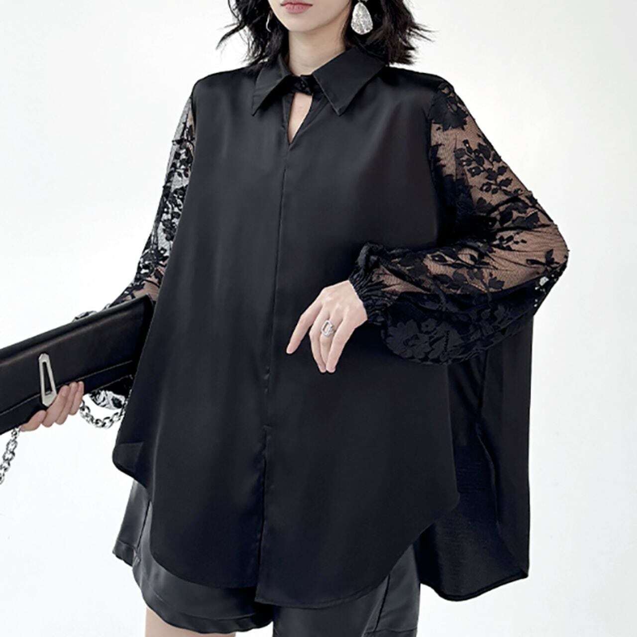 Lace switch wide silhouette shirt blouse C1036
