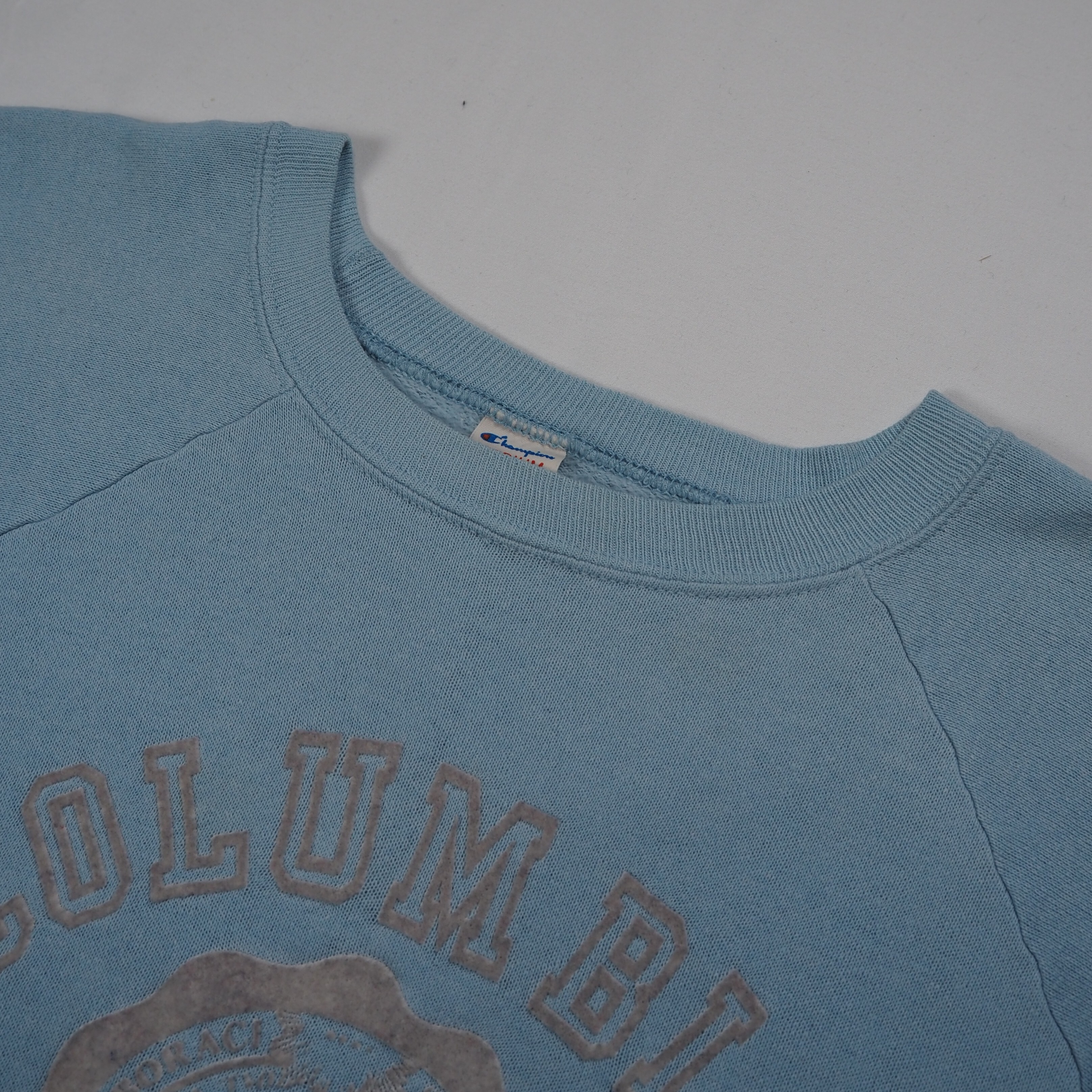 【9/23 20:00入荷】80's Champion カレッジスウェット ライトブルー フロッキープリント の画像 8