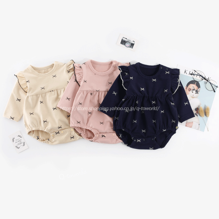 60 90 フリル かわいいロンパース リボン総柄 全3色 韓国風 可愛い 女の子 ベビー 子供服 Q Toworld キュートワールド 子供服 メール便は何点でも送料の合計は280円