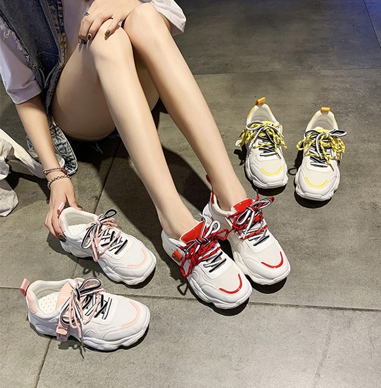 スニーカー レディース シューズ 厚底 スニーカー 靴 大人可愛い おしゃれ ビビット アクセント カラー ポイント カジュアル 5 ソール キュート ラフ感 こなれ感 通気性 学生 通学 デート ママ ピンク レッド 赤 イエロー 黄色 春 夏 秋 冬 10代