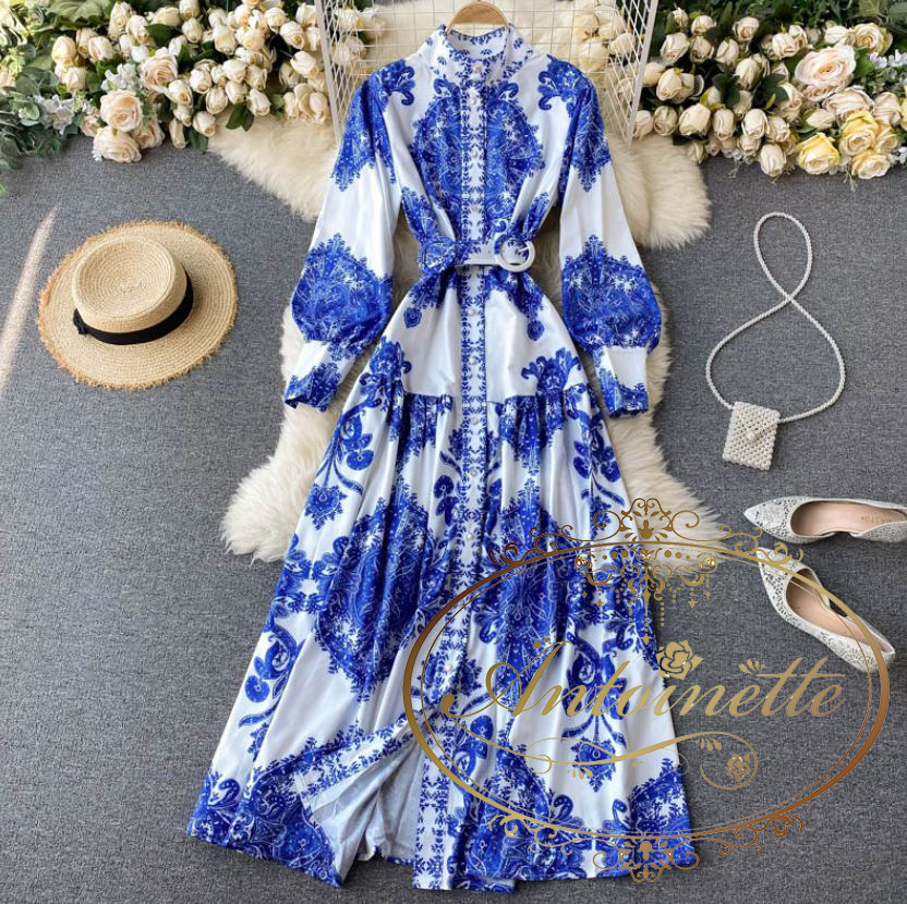 Bs プレミアム 村井美樹 様 テレビ 衣装 ご着用 ロング丈 ワンピース レディース 華やか 唐草模様 アンティーク 長袖 パフスリーブ 柄物 Antoinette