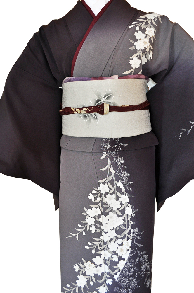 訪問着レンタル■紺色と灰色の片身違いに流れるような桜の花柄■正絹フリーサイズhu7〔往復送料無料〕 - 画像4