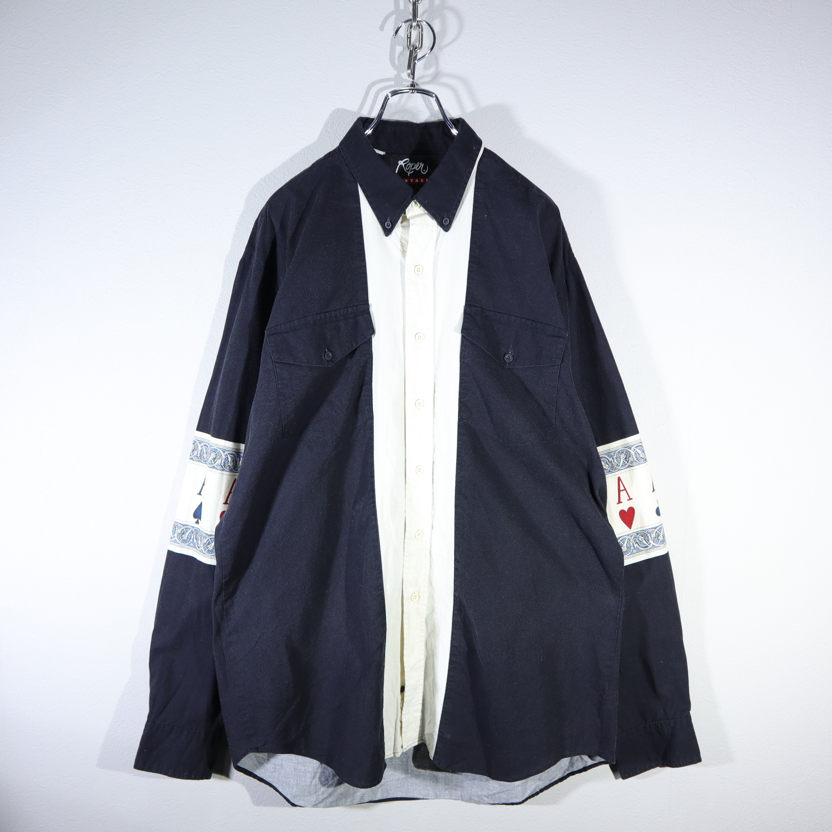 デザインシャツ トランプモチーフ 生地切替 ボタンダウン 古着屋 Kafuca