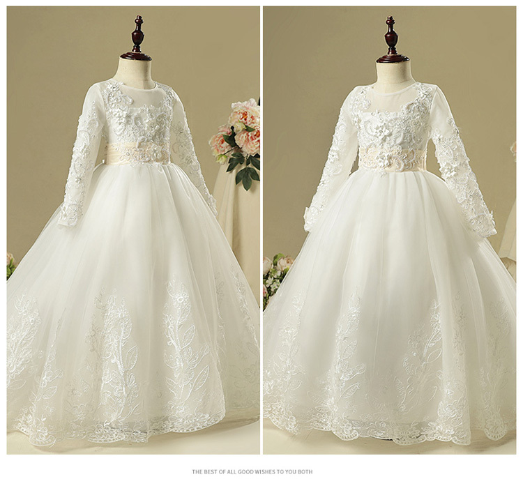長袖 トレーンドレス リボン飾り 子どもドレス キッズドレス ジュニア フォーマル用 ピアノ発表会 結婚式 入園式 卒業式 子供服 女の子 ワンピース ホワイト 白い Dresszone
