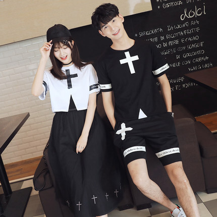 クロス プリント Tシャツ ロングスカート メンズハーフパンツ セットアップ 0710 カップル ペアルック リンクコーデ カジュアル お揃い コスプレ 夫婦 親子 カップルのリンクコーデ専門店 Pair Cele ペアセレ