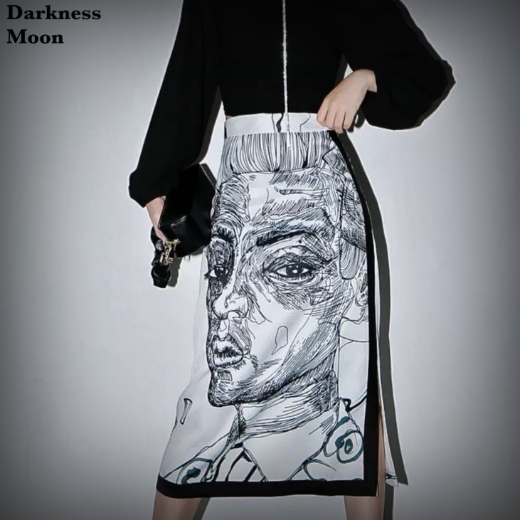 Darknessmoon イラスト モチーフ Design ラインテープ スリット Monotone プリント タイトスカート Darkness Moon Darknessmoon イラスト モチーフ Design ラインテープ スリット Monotone プリント タイトスカート Darkness Moon