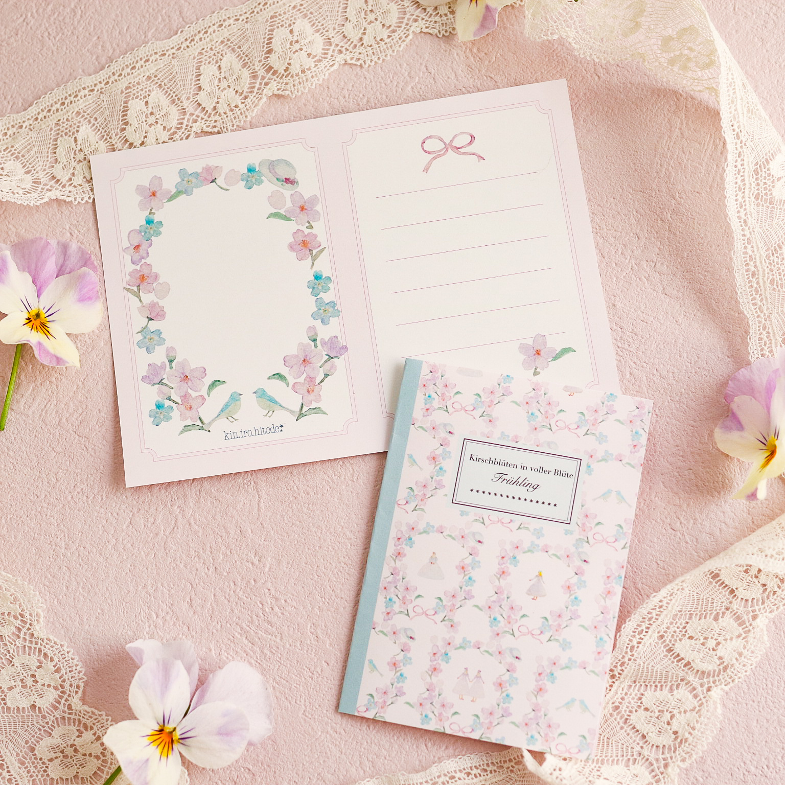 洋書みたいなメッセージカード 8枚入り 桜と青い鳥 きんいろひとで Kin Iro Hitode