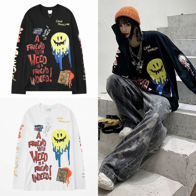 韓国ファッション ロングTシャツ ユニセックス 長袖 Tシャツ メンズ レディース 落書き風 プリント オーバーサイズ 大きいサイズ ストリート