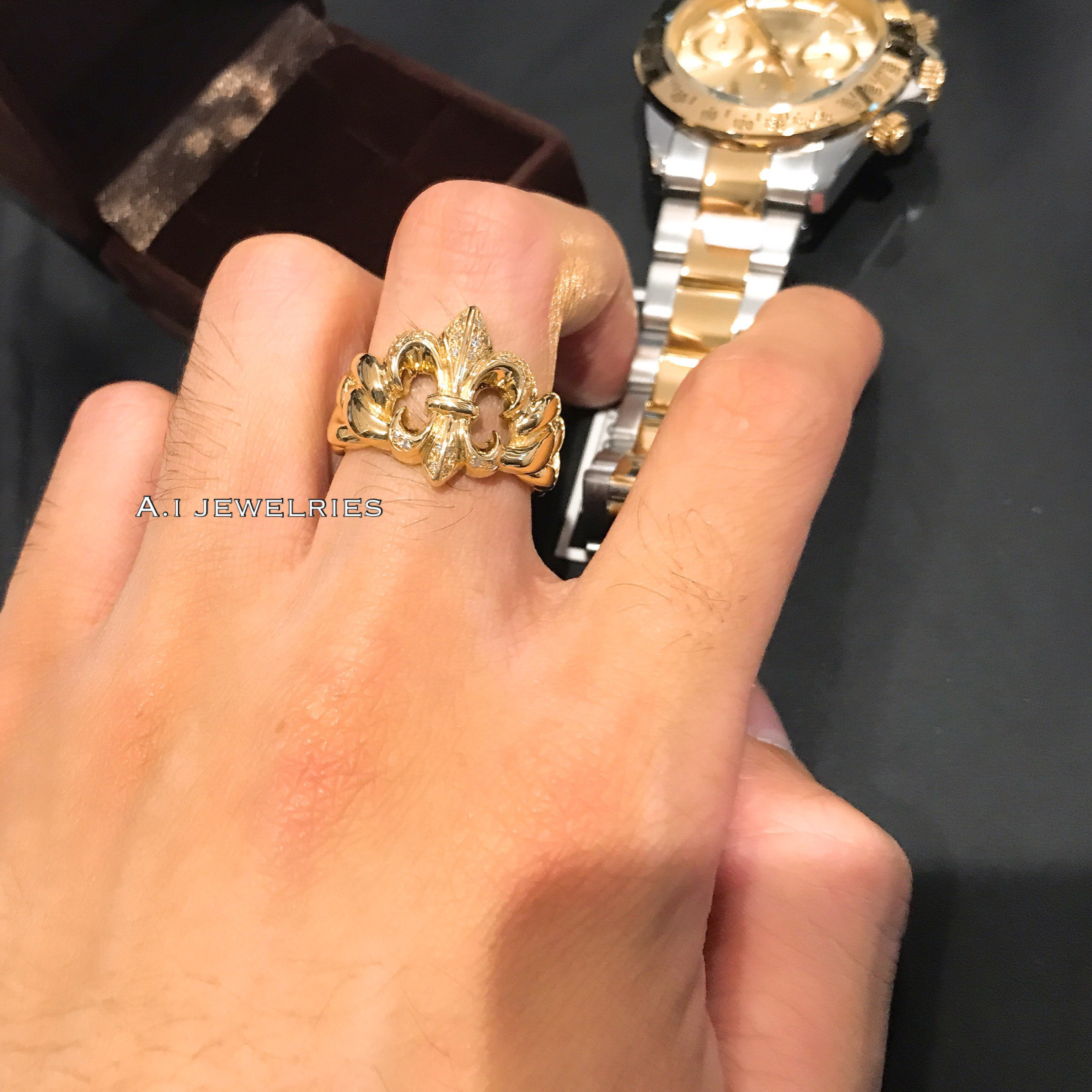 リング 18金 ダイヤ K18 百合 紋章 リング 天然 ダイヤモンド付き メンズ K18 Diamond Ring For Men S A I Jewelries エイアイジュエリーズ