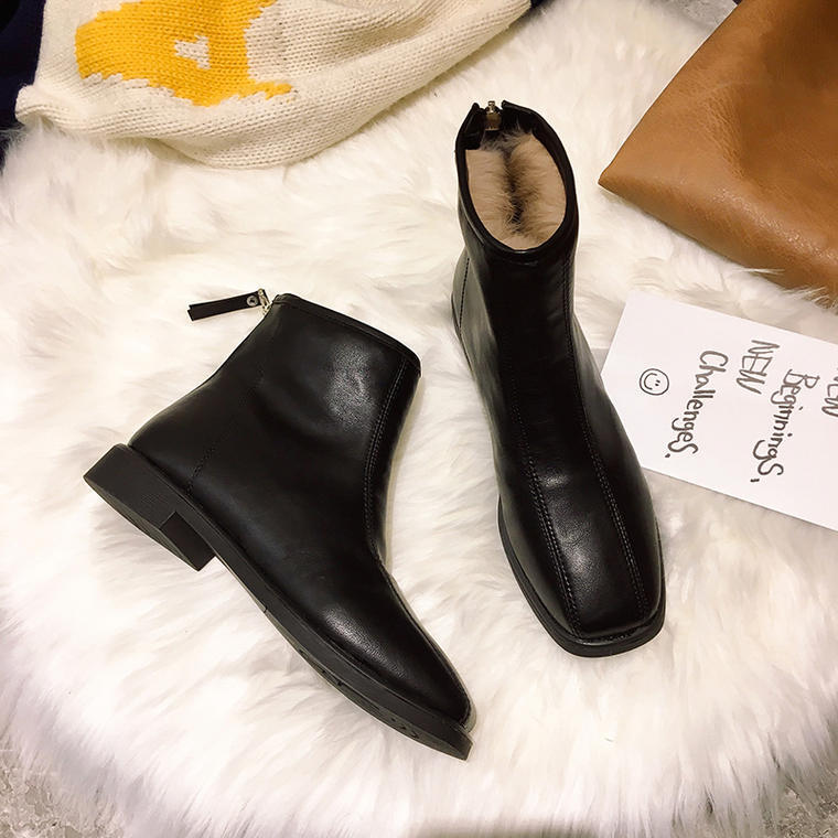 送料無料 冬ブーツ スクエアトゥ Pu ショートブーツ ローヒール