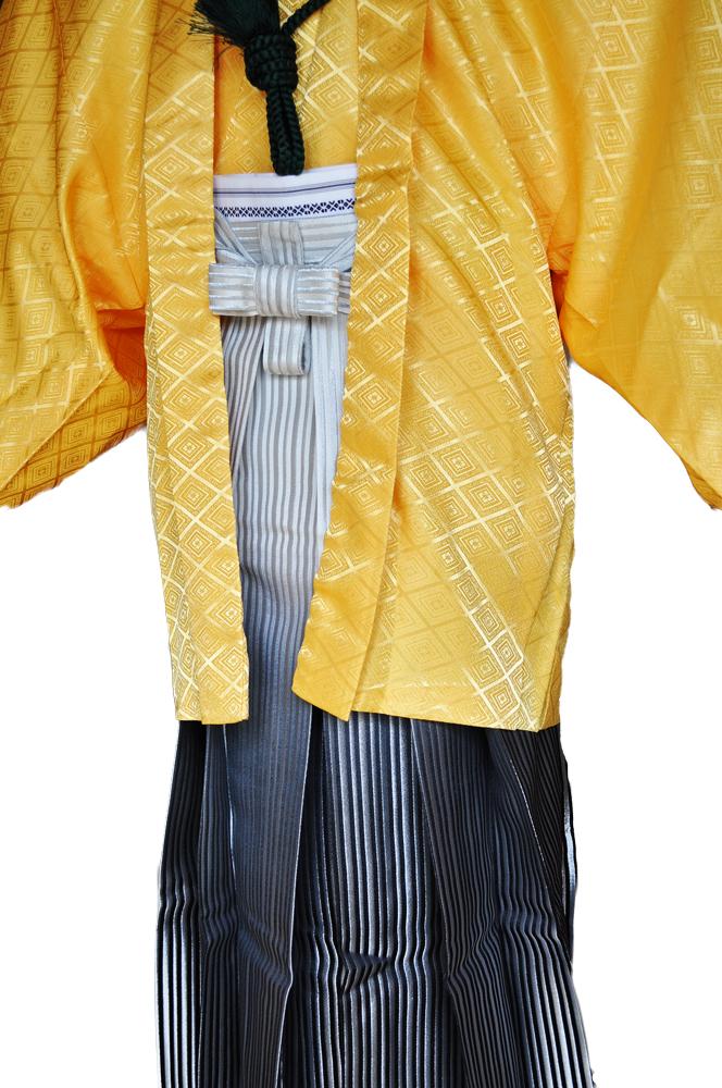 レンタル男性用【紋付袴】黄色着物羽織と白銀ぼかしの袴フルセットyellow1 - 画像4