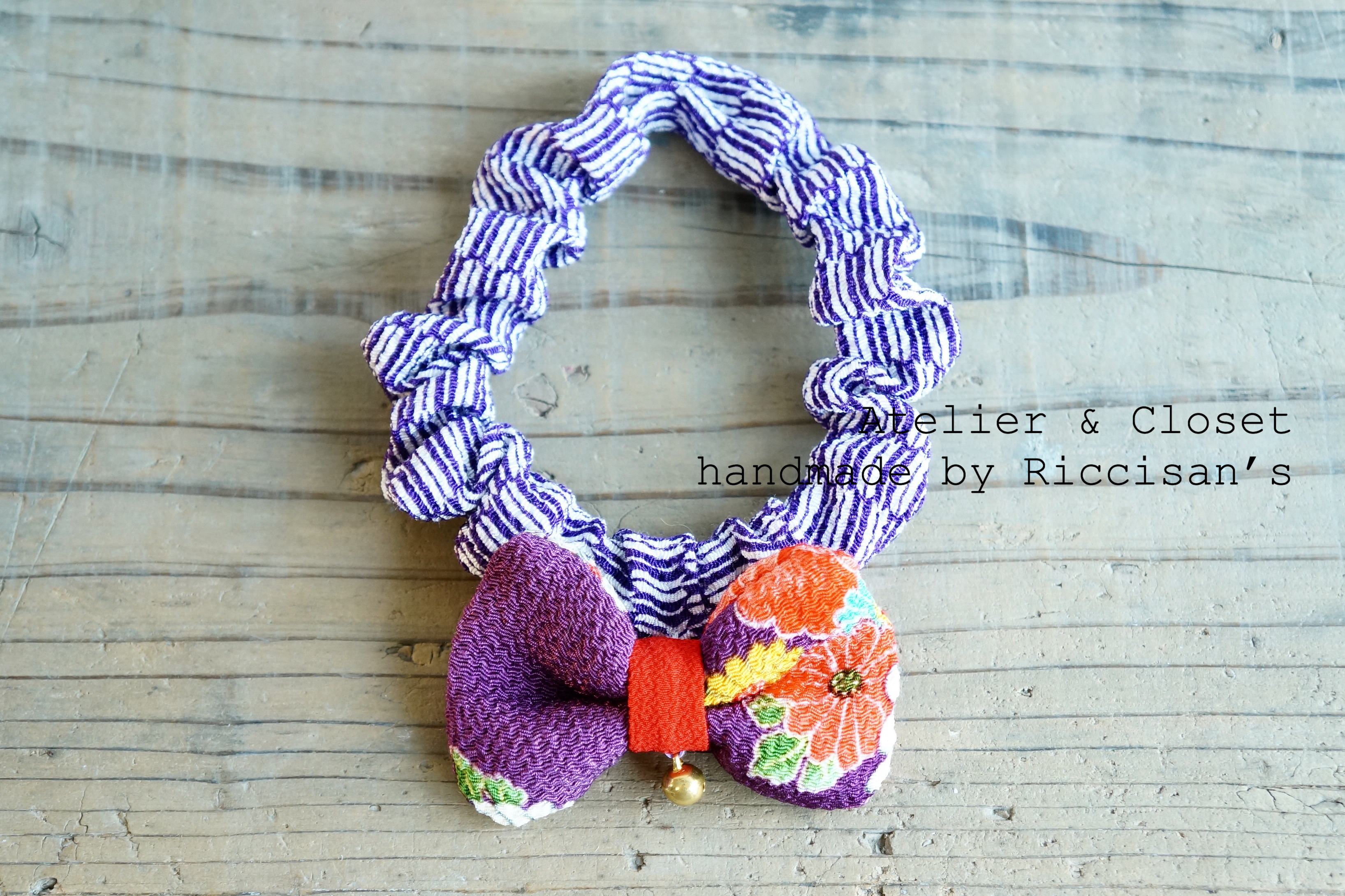 Cat Collars Japanese Pattern 猫犬ペットちりめん和柄シュシュ首輪ハンドメイド Atelier Riccisan S