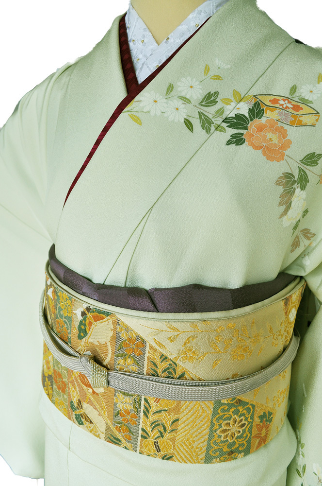 ワイドサイズ(トール&ワイド)■訪問着レンタル■黄緑縮緬地に花柄huwide4〔往復送料無料〕 - 画像5