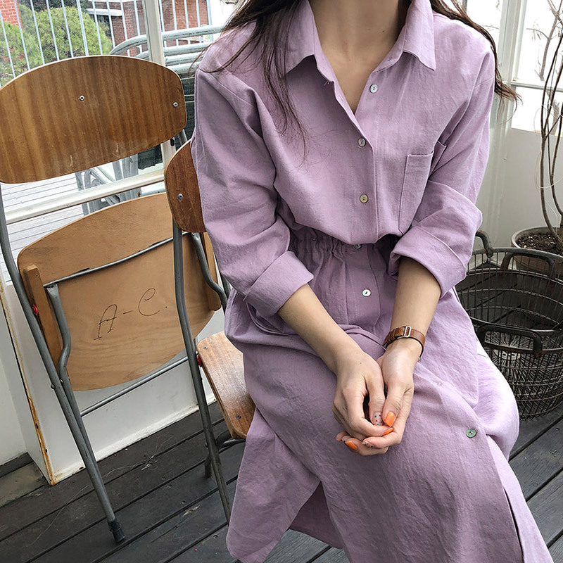 ラベンダーカラー シャツワンピース 長袖 膝下丈 ハイウエスト ウエスト絞り ポロ襟 ゆったり おおきめ カジュアル ナチュラル おでかけ 通勤 通学 Petitefleur