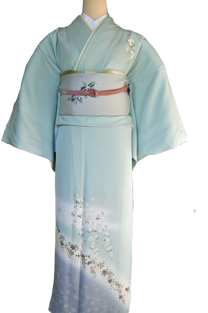 訪問着レンタル■青磁色地に裾青暈しやさしい小桜柄■正絹フリーサイズhu1〔往復送料無料〕 - 画像4