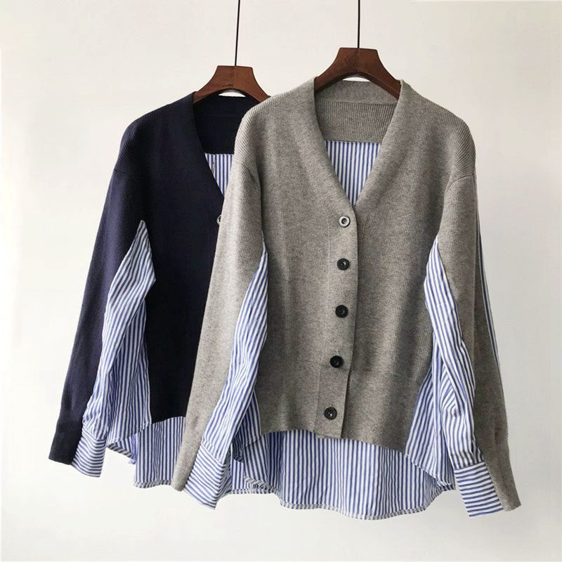 異素材ミックスストライプシャツカーディガン 全2色 グレー ダークブルー ワンサイズ Vネック 長袖 シャツ 秋 冬 春 オシャレ カジュアル デイリー ママコーデ 公園 A0349 Colorful Closet おしゃれなトレンド海外レディースファッション通販 カラフルクローゼット