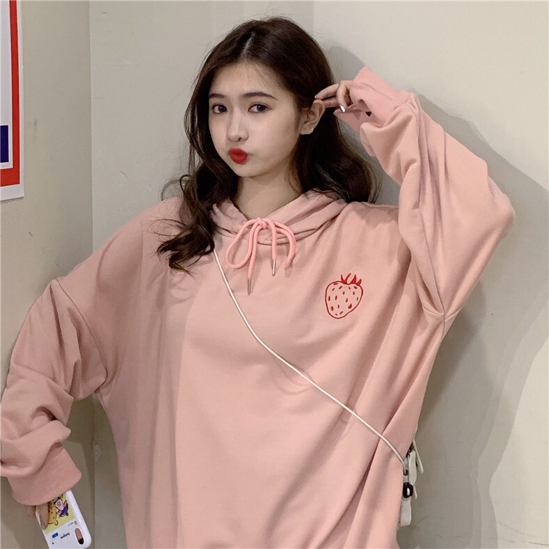 ワンポイントいちご刺繍 ピンクパーカー 韓国レディースファッション通販 Keatc ケット シー