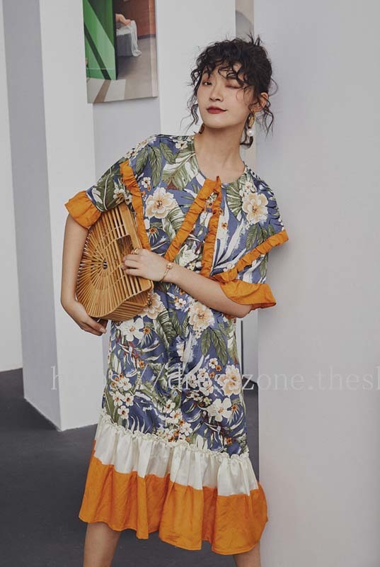 ロング丈ワンピース カジュアルワンピース レディースファション 普段着 デート 通勤 パーティー 旅行用 S M 気質良い 合わせやすい 文芸的 フィッシュテール 花柄 プリント 五分袖 フリル Dresszone