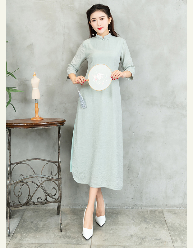 チャイナ風ワンピース 民族風ワンピース 改良唐装 改良漢服 チャイナ風服 中華服 改良型チャイナドレス 普段着 女子会 同窓会 二次会 大きいサイズ M L Ll 3l ライトグリーン 緑 Dresszone