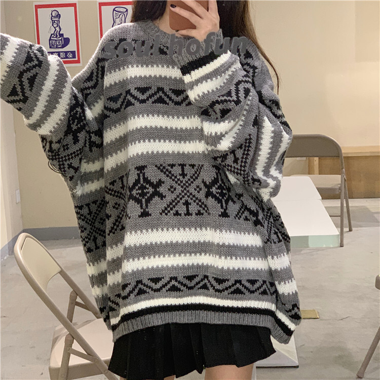 お尻まで隠れるゆったりロング丈 ニット トップス ノルディック柄 ゆったり 可愛い 冬 セーター カジュアル オーバーサイズ ビッグシルエット エーデルワークス Edel Works