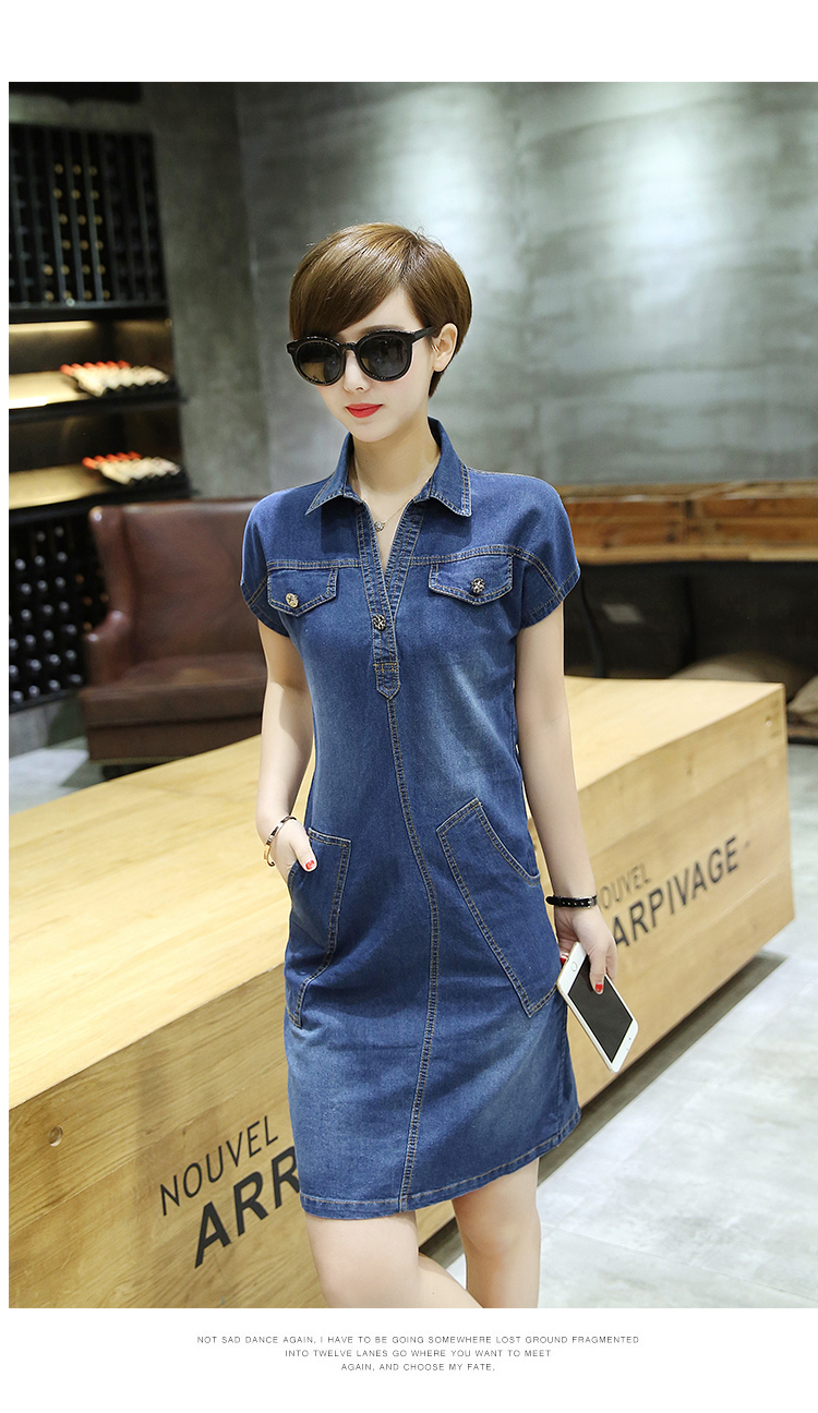 デニムワンピース 半袖 ドレス ブルー インディゴ 普段着 デート 韓国スタイル カジュアル おしゃれ Dharma Jaya