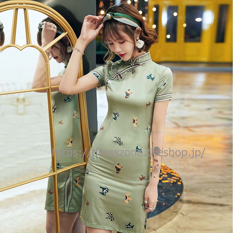 チャイナ風ドレス ショート丈ワンピース 気質良い スリム 通勤 普段着 女子会 同窓会 プレゼント パーティー 大きいサイズ S M L Ll 3l 4l 清新 スタンドネック 半袖 花柄 シルク スリット グリーン 緑 プリント Dresszone