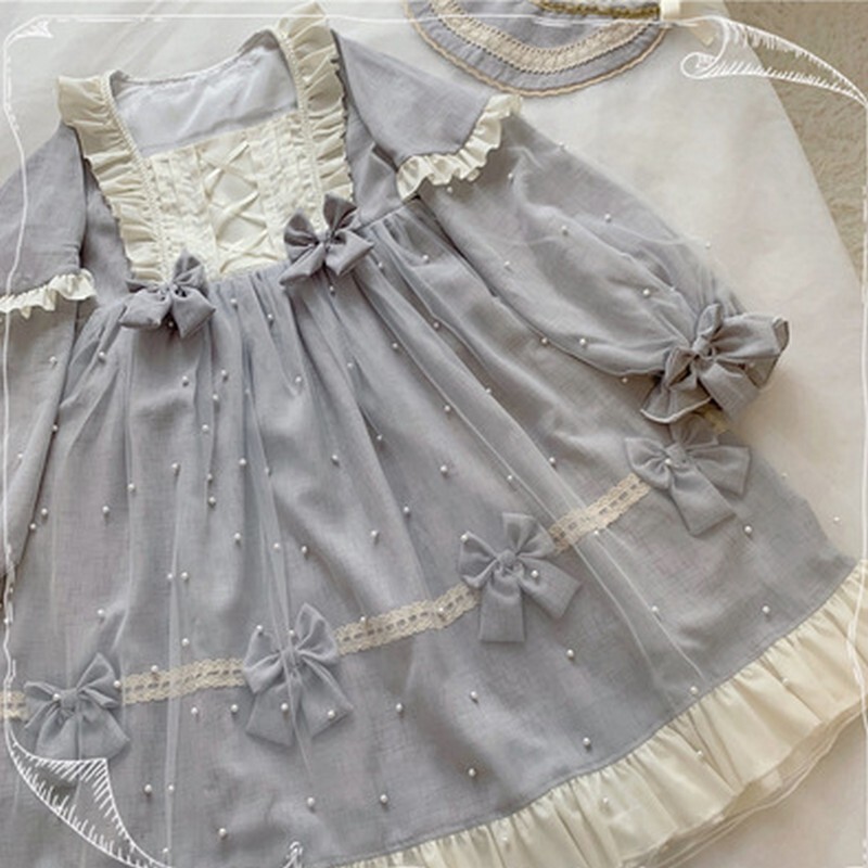 M0318 ロリータ ワンピース 長袖 秋冬 手縫い かわいい ライトブルー チュール Magicspice