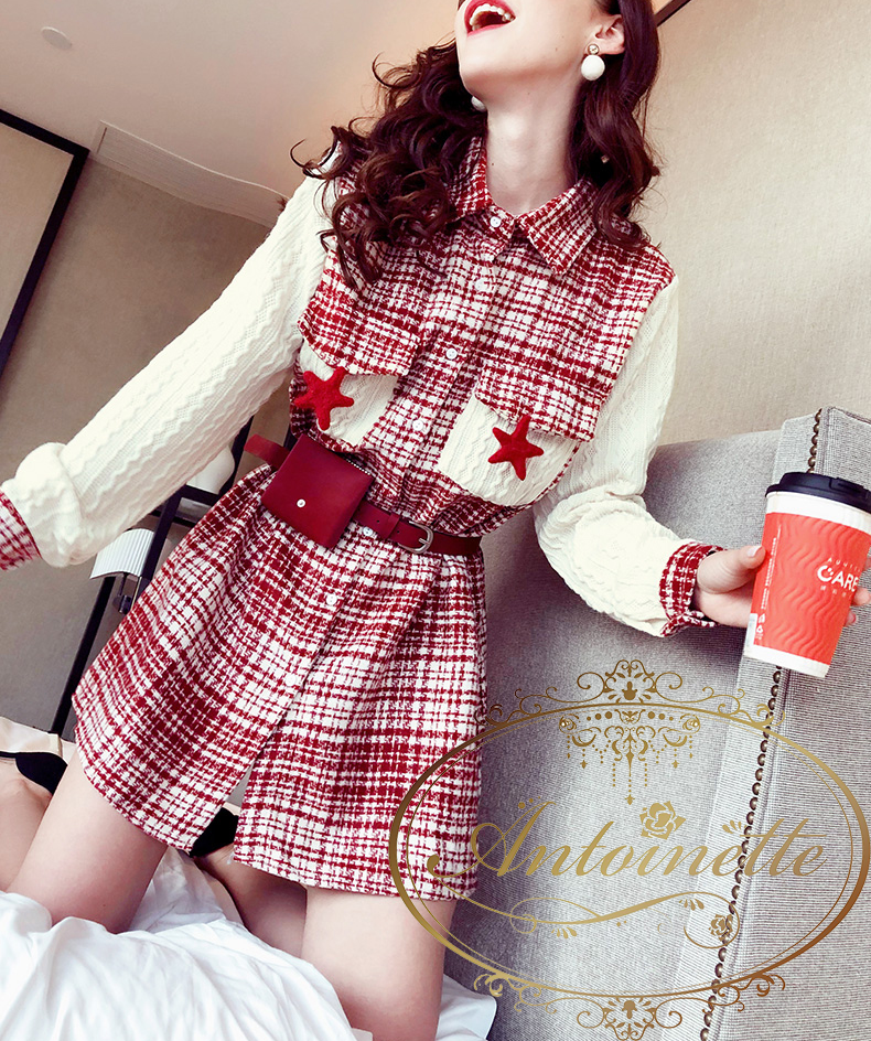 ワンピース レッド 赤 チェック ミニ丈 ポシェット レディース Woman Red One Piece Star Casual Antoinette