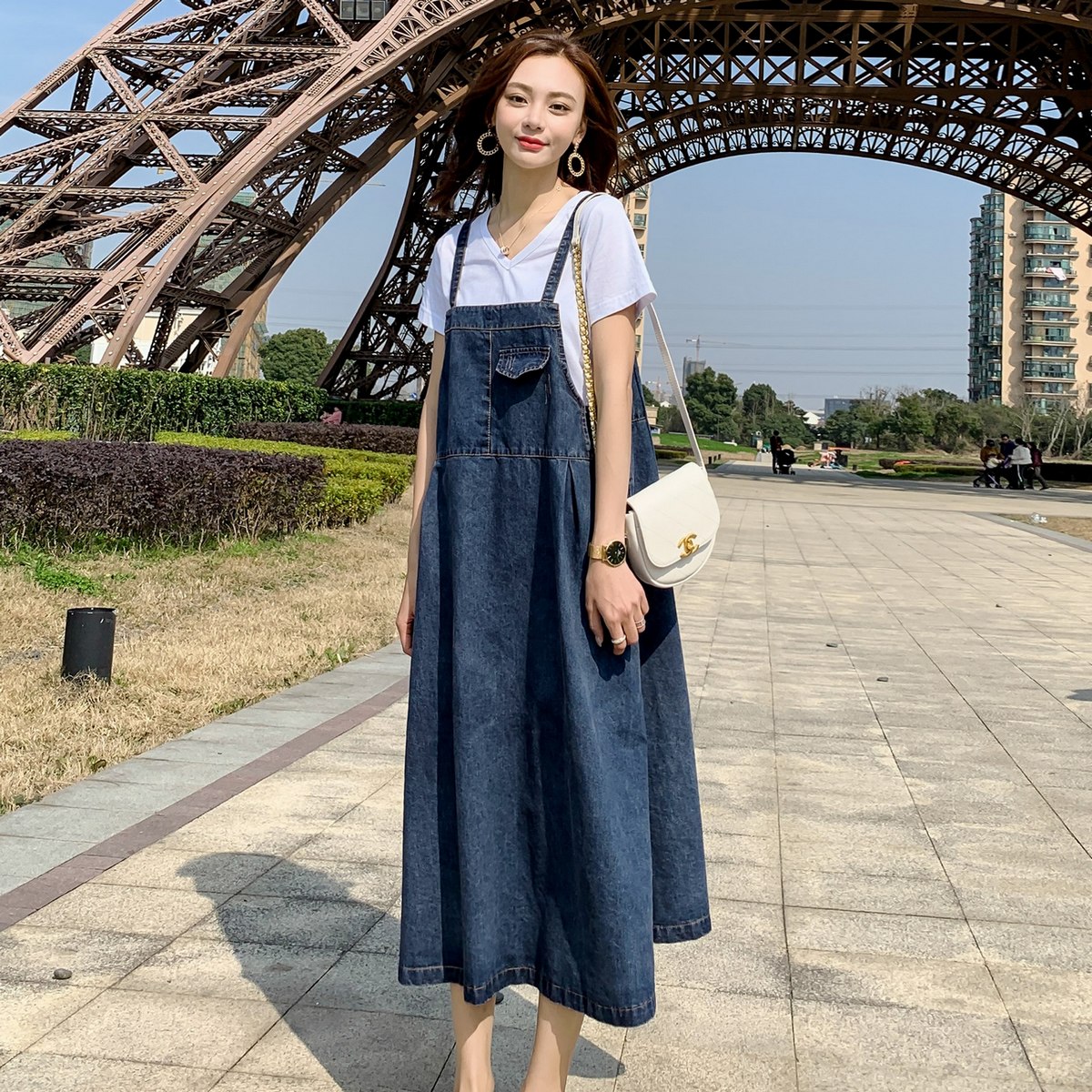 カジュアルデニムワンピース サロペットスカート ミモレ丈 無地 ベーシック 春夏 レディース 代 30代 女子会 旅行 おでかけ Dj Freak