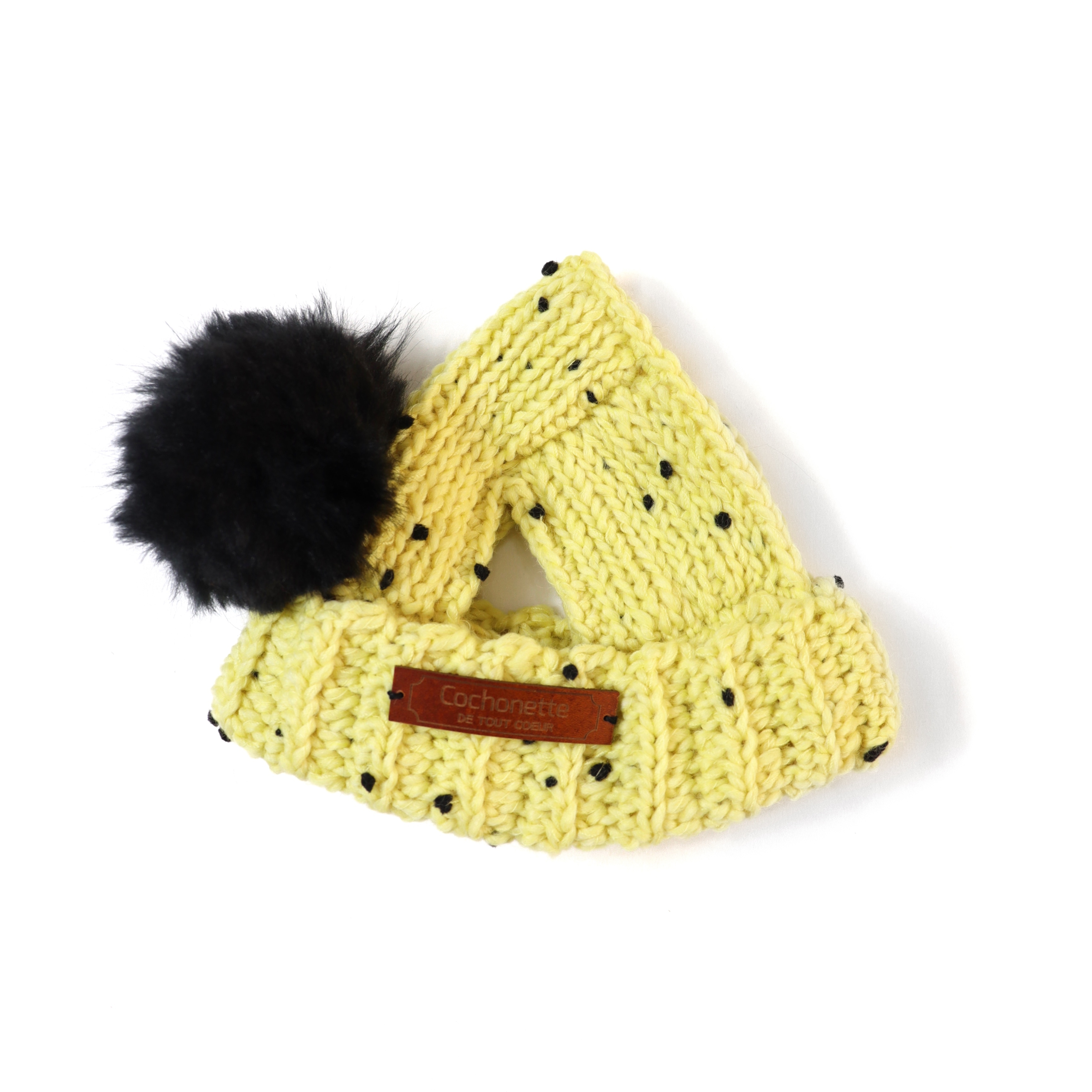 ランダムドットのファーポンポンニット帽 イエロー Cochonette Dog Wear Creator