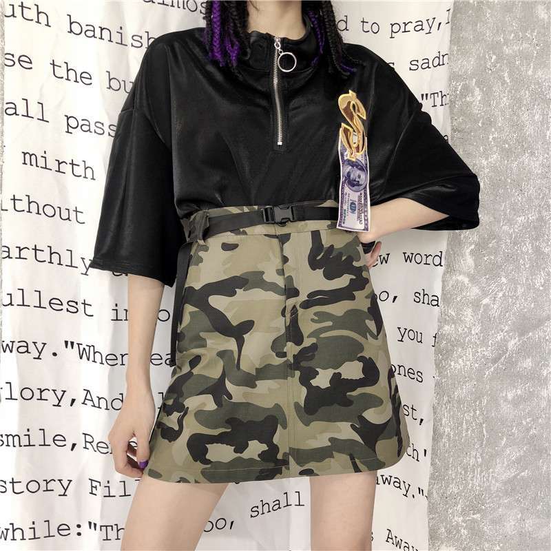 迷彩柄 ミニ丈 スカート レディース カモフラ ベルト付き アーミー カーキ ミリタリー 台形 ショート丈 S M L Cgkm Cherish Girl