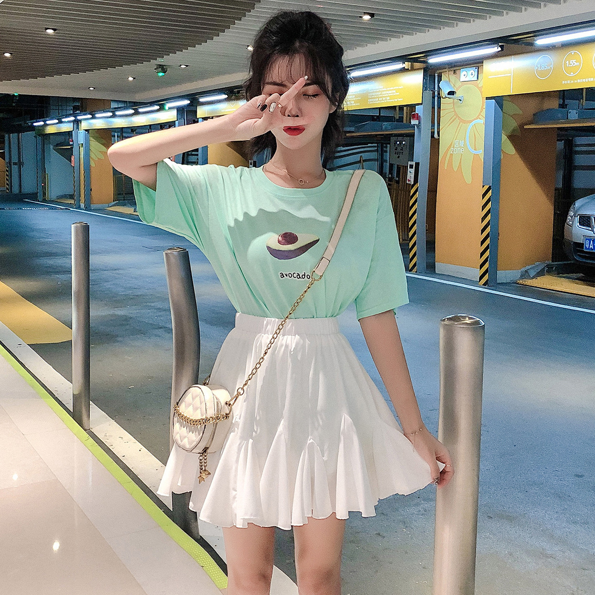 Real s 2020夏のアボカドグリーンの小さなプリント半袖Tシャツ+スーツ半袖tハイウエストプリーツスカート女性-アリババ ハイウェスト