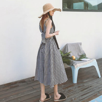 ギンガムチェック ジャンパースカート レディース キャミワンピ ロング ワンピース レトロ リゾート フレア 背中見せ バックリボン プチプラレディースファッション通販 Yboueki