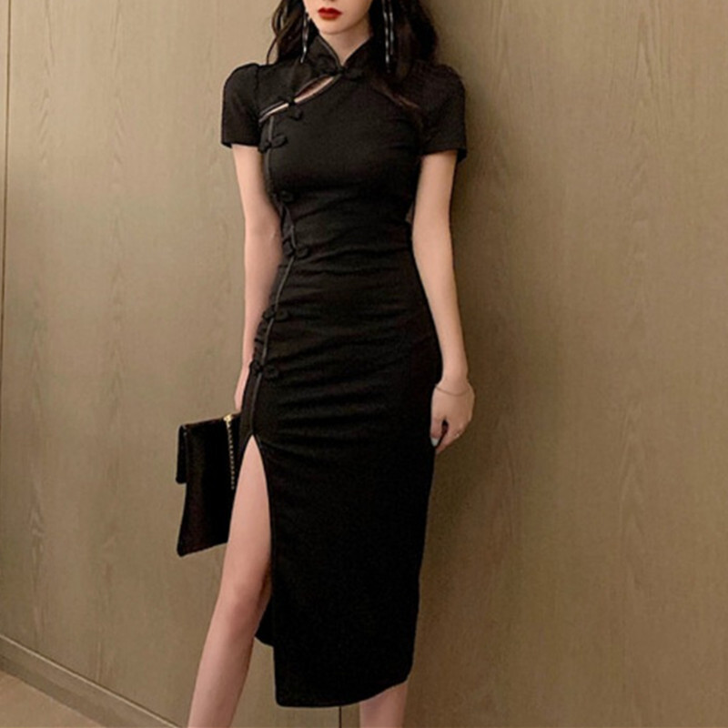 ワンピース チャイナ風 スタンドネック 半袖 透かし彫り セクシー スリット 黒 ブラック S M L Xl Dresszone