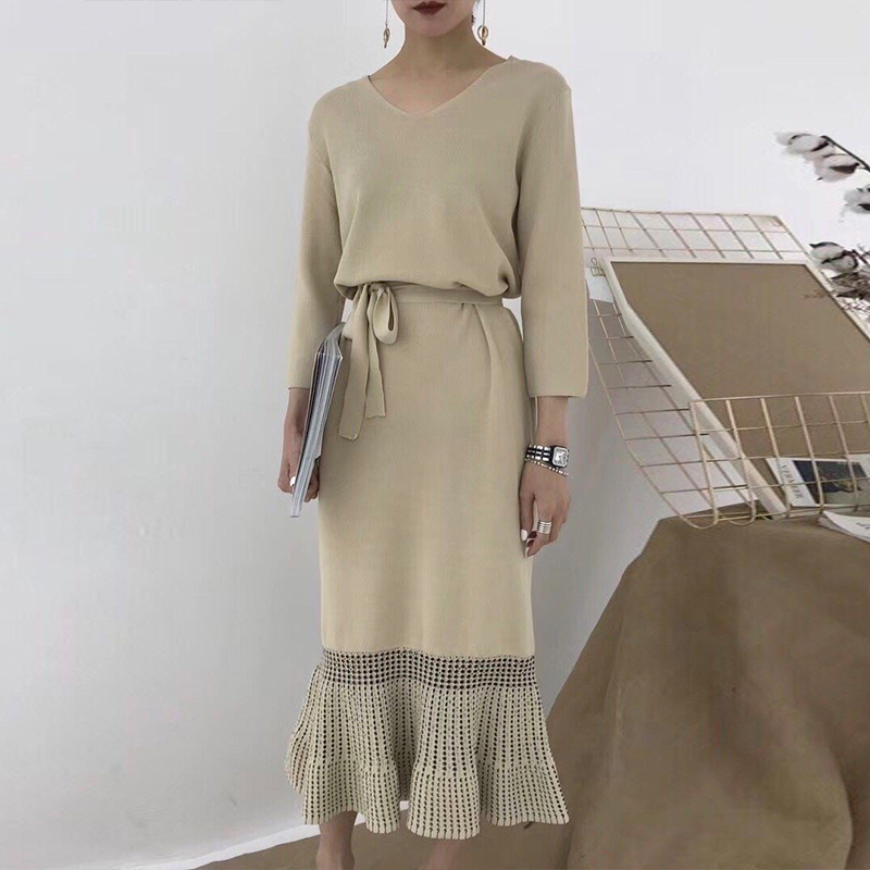 ロングニットワンピース ニットワンピ ニットワンピースユニークウエストリボン裾切替ニットワンピース2色 秋冬新作 秋冬服 秋sale ゆったり 韓国 オルチャン Ladys Paradise