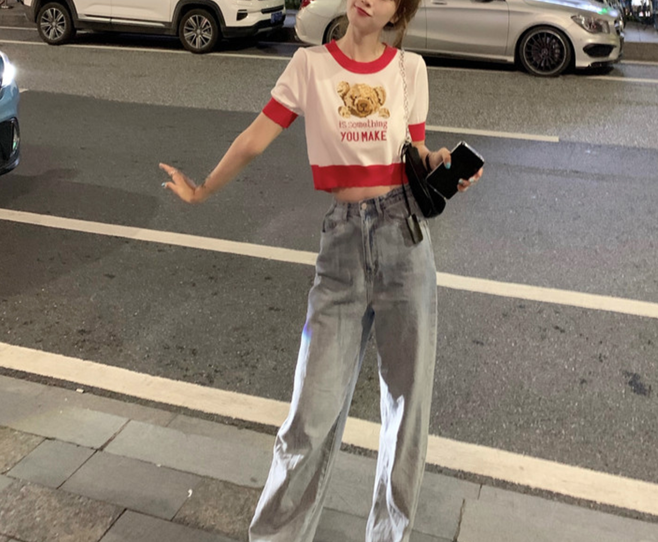 ロゴ Tシャツ かわいい 夏 カジュアル ベア オルチャン 原宿 コーデ イラスト プリントニット へそ出し 韓国 564 Sweetly