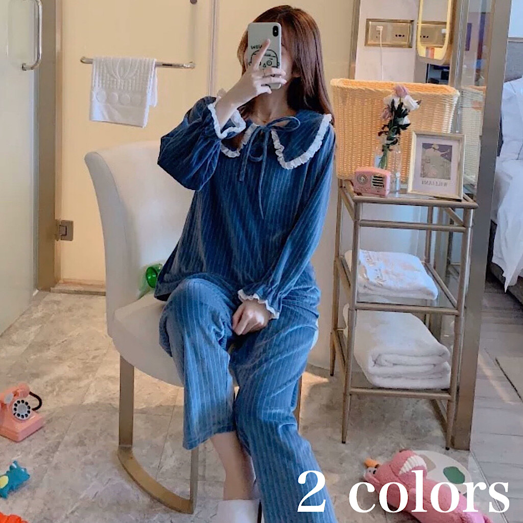 ベロア 調 ガーリー リボン 上下 セット ルームウェア 大きいサイズ レディース 秋 冬 用 長 袖 ズボン 可愛い パジャマ フリル Rw 0094 Happy Orurea ハッピーオルレア