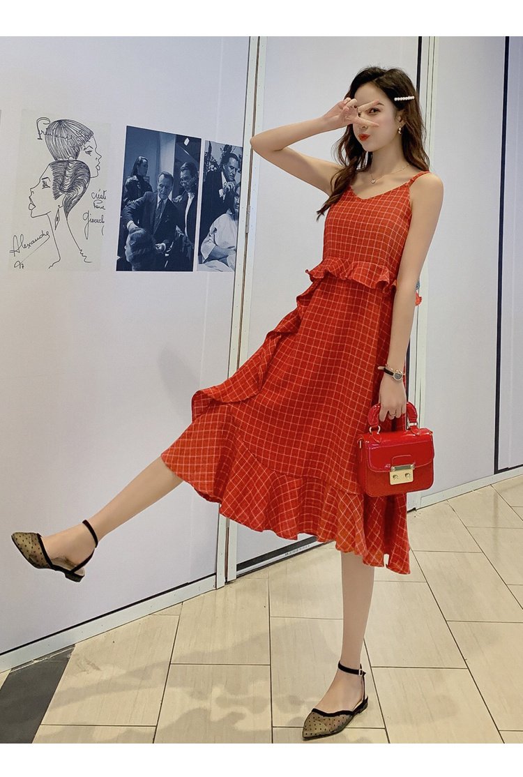 人気 売れ筋 夏 ワンピース キャミワンピース チェック柄 ひざ下 フリル ガーリー 可愛い フェミニン 春 夏 Ladys Paradise