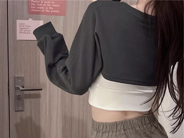 ３色展開 シックな香港スタイルのベスト レディース トップス ロンT カットソー セーター ベスト キャミソール Tシャツ ショート クロップド丈 長袖 ラグラン ラウンドネック カシュクール 細身