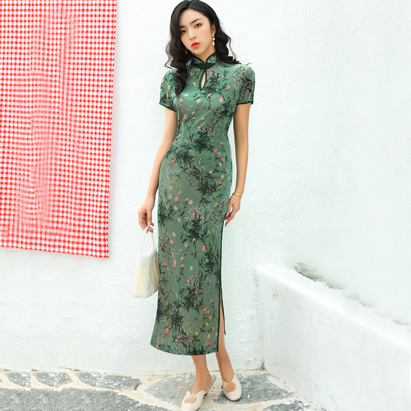 ロング丈チャイナドレス ベルベットチャイナドレス チャイナ風ワンピース チャイナ風服 中華服 二次会 女子会 同窓会 スタンドネック 半袖 大きいサイズ M L Ll 3l 4l 5l 上品 エレガント グリーン 緑 Dresszone