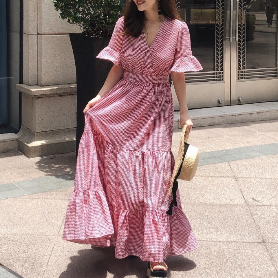 即納 ギンガムチェックロングワンピース レッド Mona